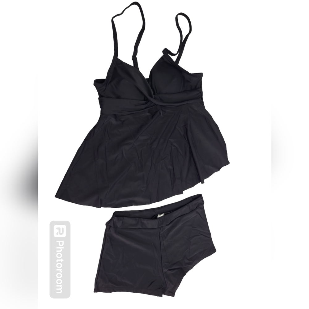 Women Two Piece Tankini Swimsuits Ruffle Tops with Boyshort Bathing Suit Black S
